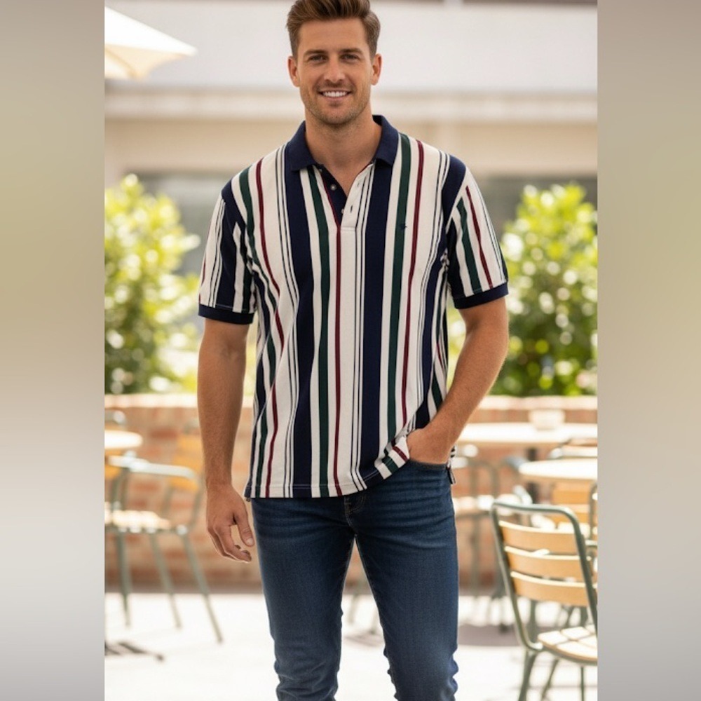 90s Vintage Men's Striped Shirt - Navy, White,‎ Red Polo M